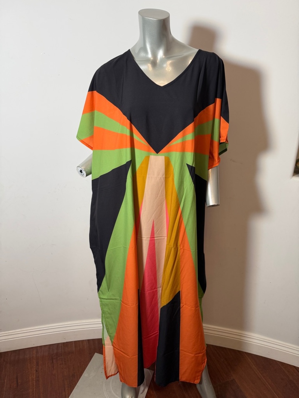 Bohemian  Geometric Black Multi-Color V-Neck Caftan Kimono Beach Dress